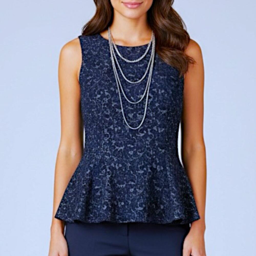 anthropologie Navy‎ Silver Brocade Design Sleeveless Peplum S Top Eva Franco